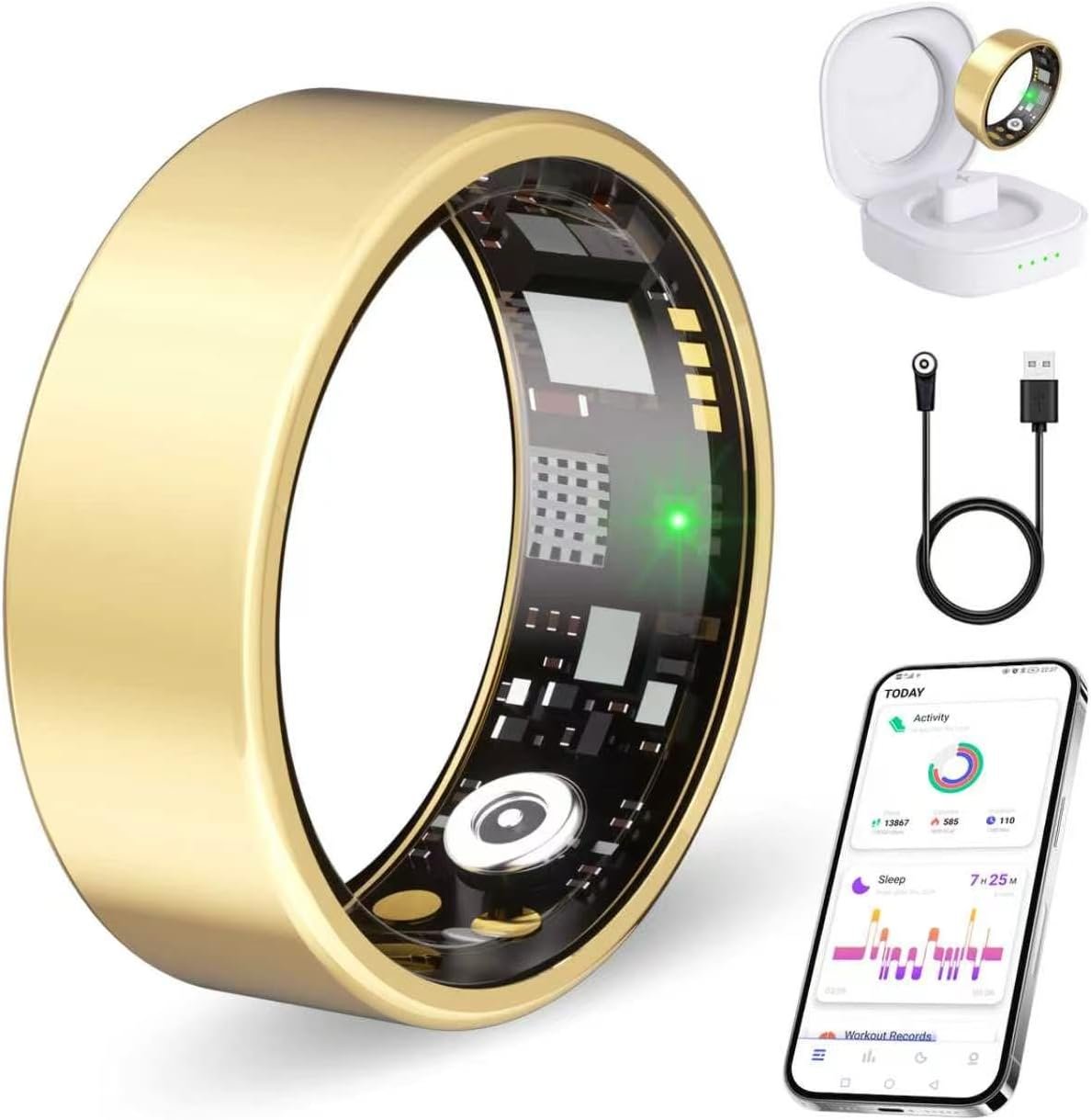Smart Ring No Subscription, Health Tracker Ring for Women (Gold, 6#) | Tracker Sleep, Blood Oxygen, Heart Rate, SpO2, HRV Stress, Step Counter, IP68 Waterproof, Compatible with iOS & Android