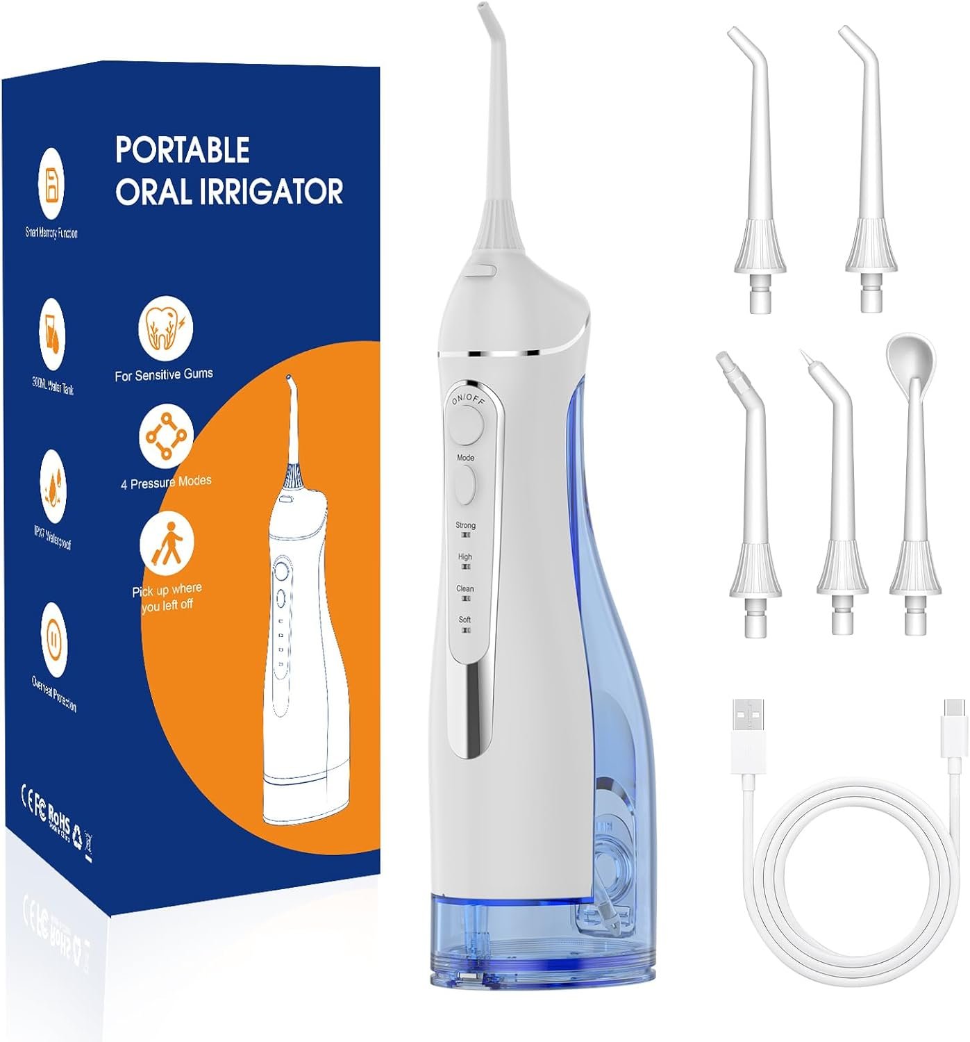 Portable IPX7 Rechargeable Water Flosser for Teeth Pick, 4 Modes 5 Jet Tips Oral Irrigator, 300ml Tank – for Braces, Sensitive Gums, Home & Travel