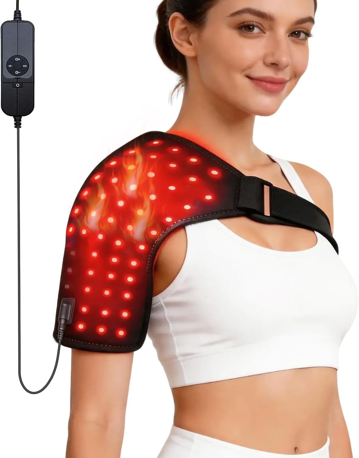 Red Light Therapy Shoulder Wrap with Heating, 110 LEDs 660nm & 850nm Infrared Light Belt, Timer & Pulse Modes, for Pain Relief & Muscle Recovery, Black, Wired