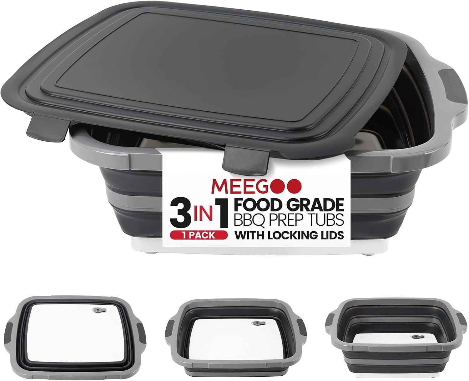 BBQ Prep Tub,16L Collapsible Cutting Board with Locking Lid for BBQ | Foldable Marinating Basin, Leak-Resistant Edges, Space-Saving Storage For Camping,Picnic,Tailgate,RV,Backyard Grilling