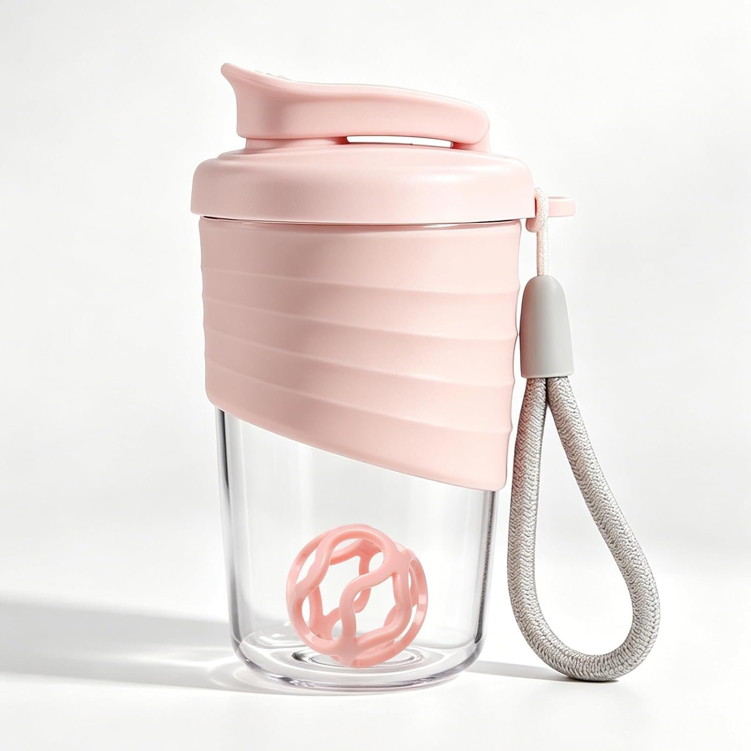 Protein Shaker Bottle, Pink 14 oz | Leak-Proof with Non-Slip Silicone Grip, Mixing Ball, Detachable Nylon Strap