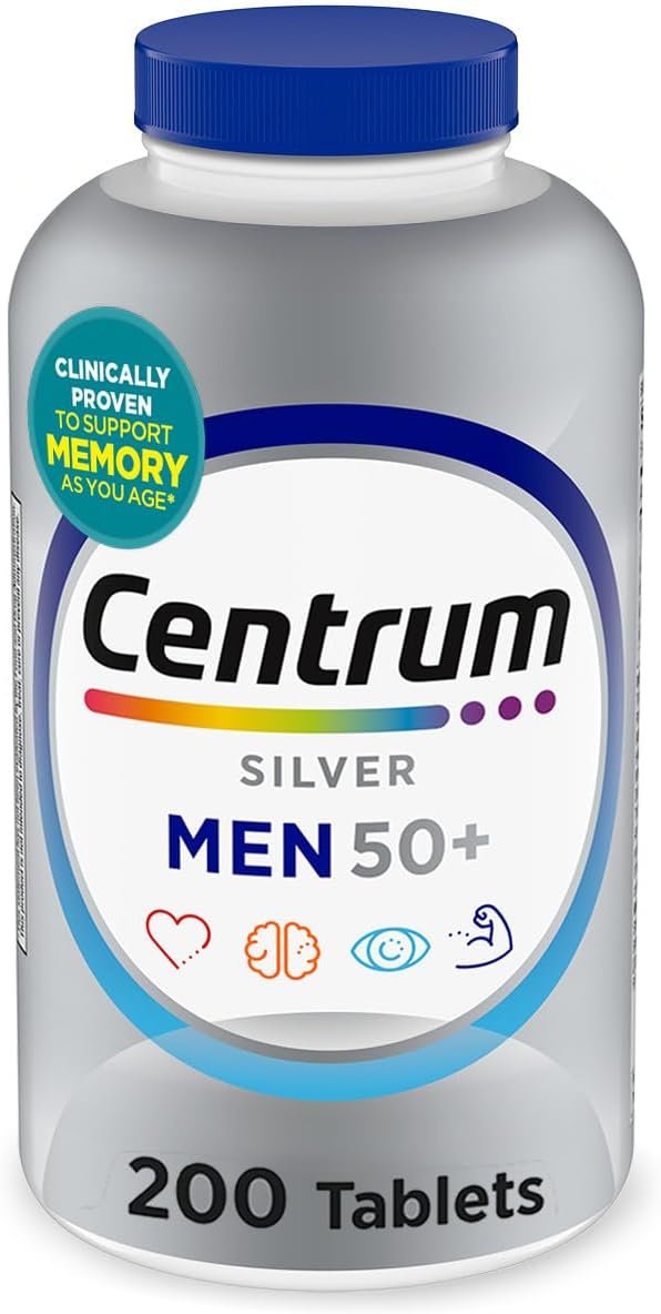 Centrum Silver Men’s 50+ Multivitamin with Vitamin D3, B-Vitamins, Zinc for Memory and Cognition – 200 Tablets | Contains Vitamins D3, E, B6, and B12, Gluten Free, Non-GMO Ingredients, GLP-1 Support