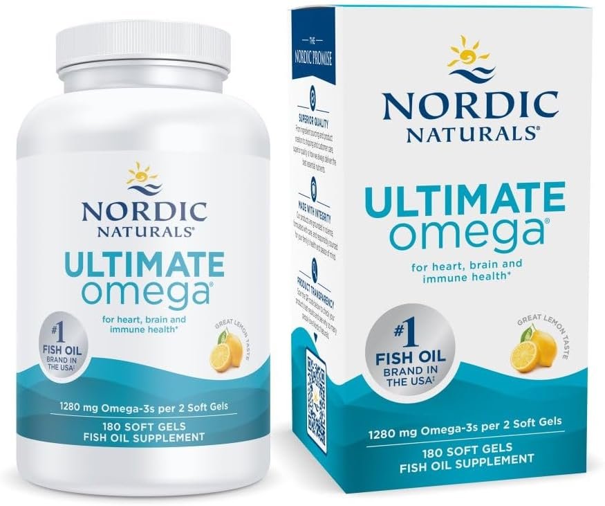 Nordic Naturals Ultimate Omega, 1280mg Omega-3 Fish Oil, Lemon – 180 Count | High-potency Omega-3 Fish Oil with EPA & DHA supports brain & heart health. Non-GMO, burpless formula. 90 servings.