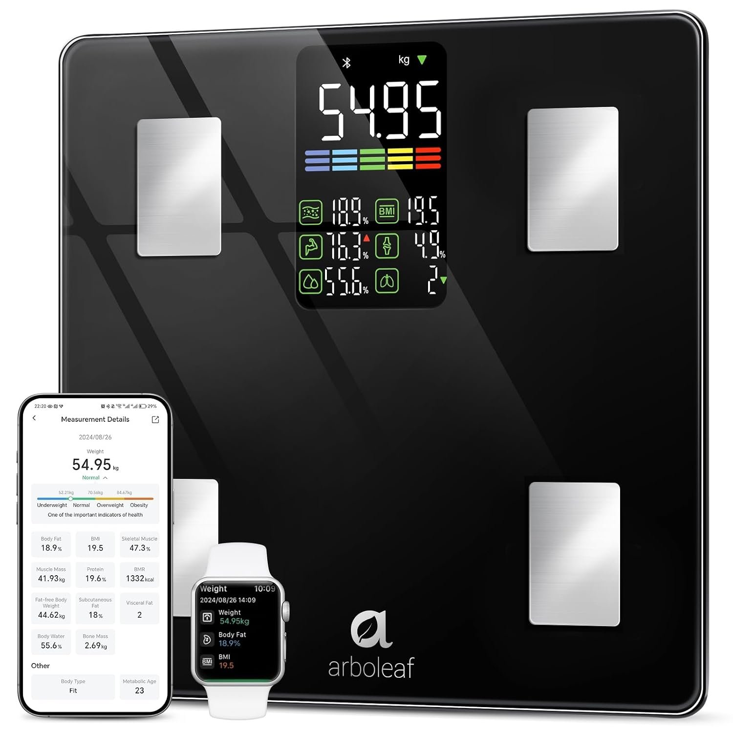 Arboleaf Smart Scale with BMI, Body Fat, Muscle Mass 14 Composition Metrics | Large LED Display, Digital Bathroom Scale for Weight, Accurate Weighing Machine, App Sync, 500lbs, 11.8″