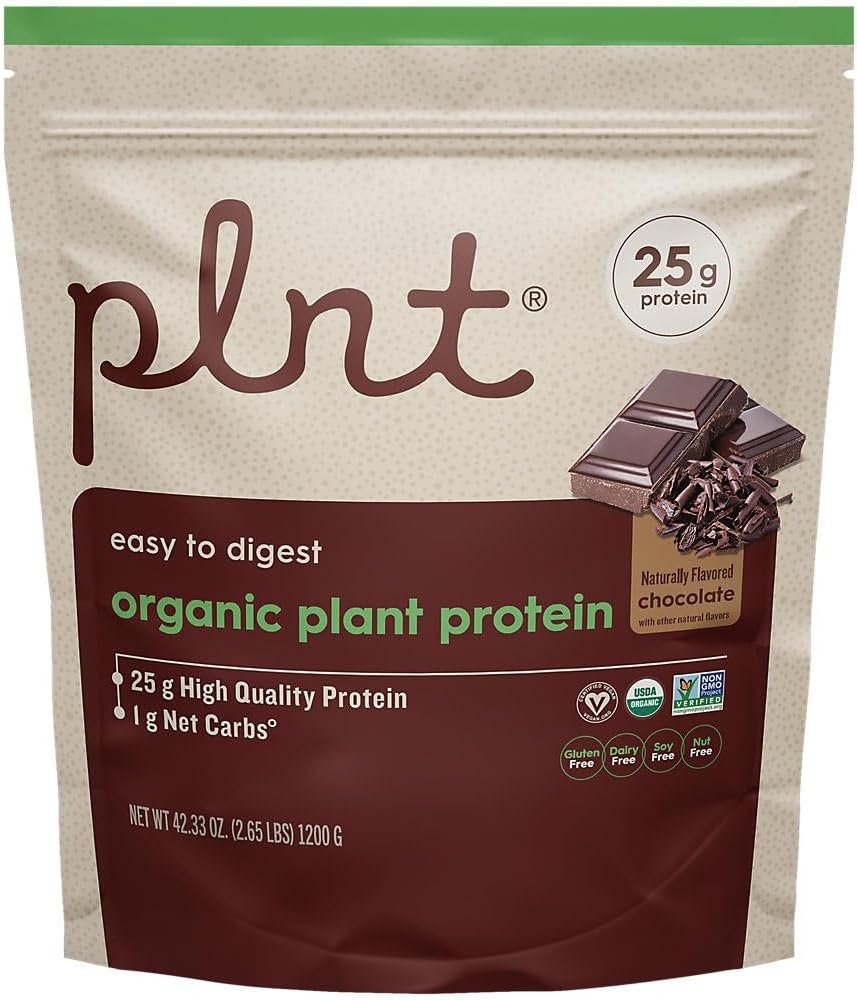 plnt Organic Vegan Plant Protein Powder, Chocolate, 30 Servings | 20G of USDA Organic Plant Protein per Serving for Shakes, Smoothies, Oatmeal, and Baking, Dairy, Soy and Gluten Free, Non GMO