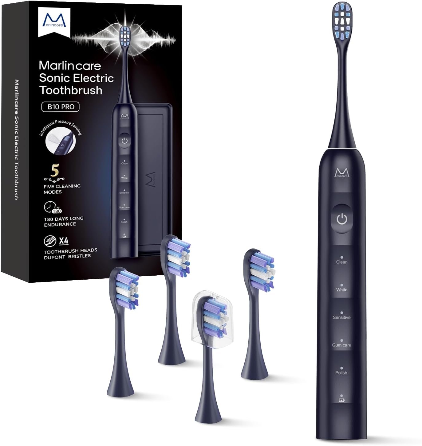 Electric Toothbrush for Adults, Rechargeable Sonic Toothbrush with 180 Days Battery Life, 5 Modes, 48000VPM Motor, Smart Timer, IPX8 Waterproof, 4 Brush Heads and Travel Case, Midnight Blue