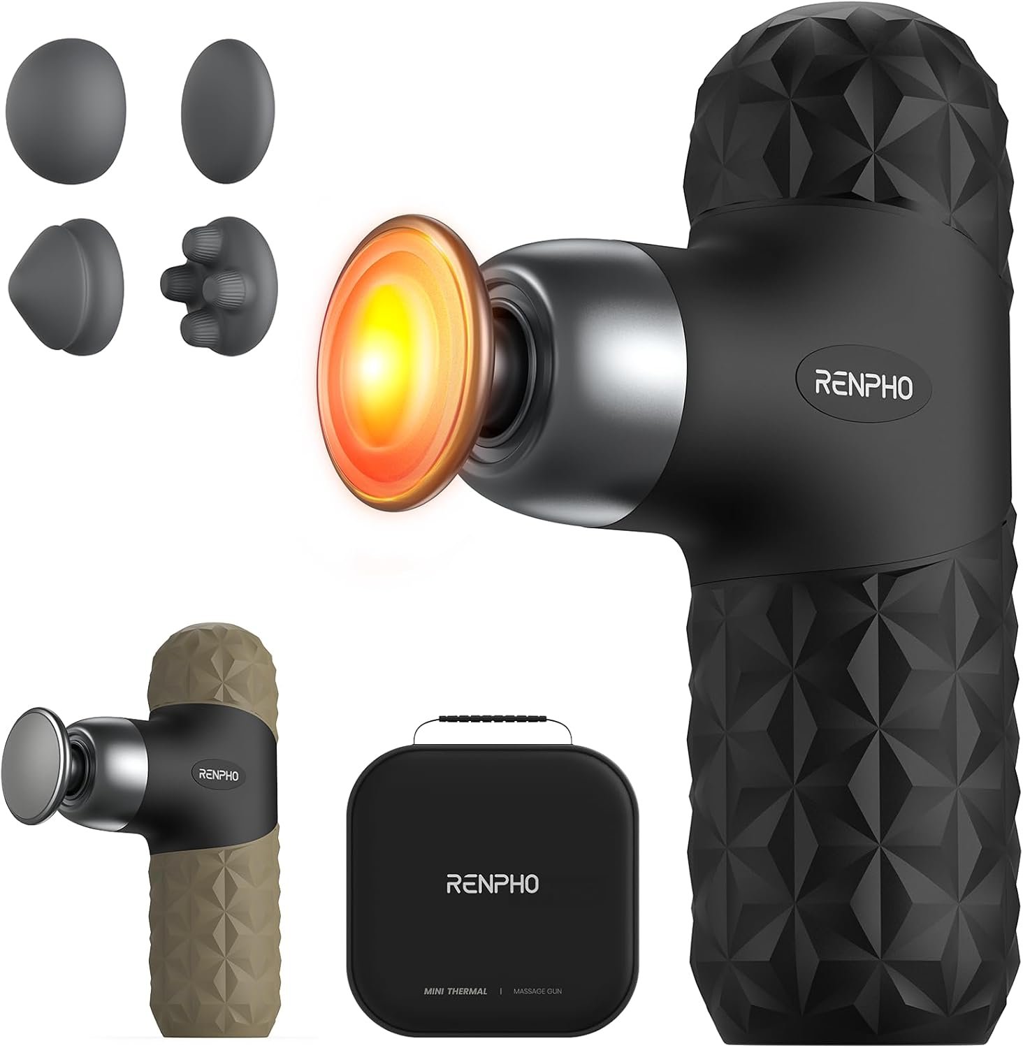 RENPHO Mini Thermal Massage Gun with Heat, Color Silicone Casing, 4 Speeds | Portable, Ultra-Quiet Mini Massage Gun, 4 Heads, Neck, Back Muscle Comfort, Carry Case, Home, Office, Travel Use, Gift Idea