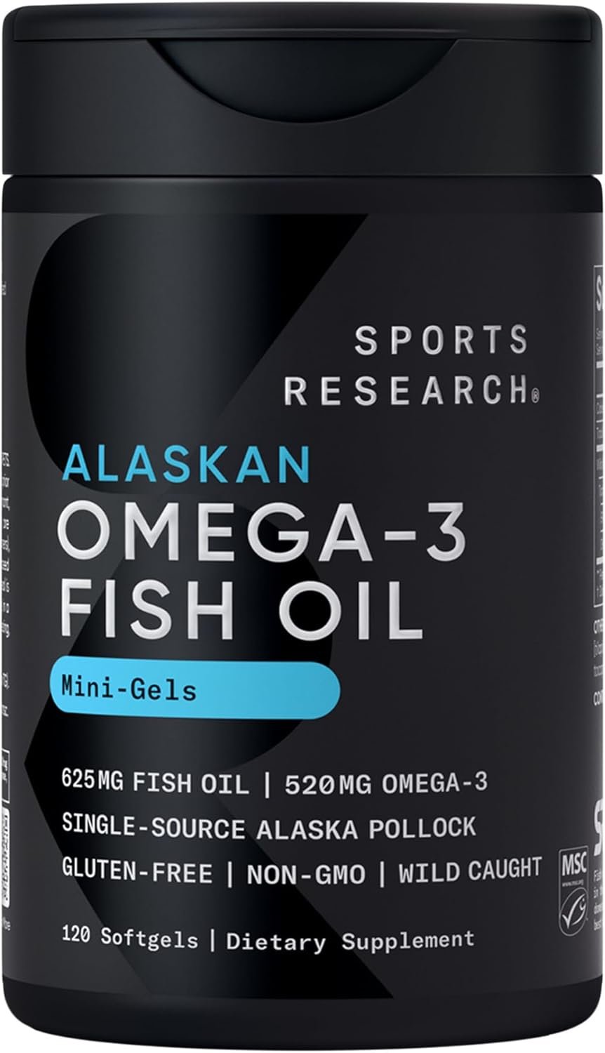 Sports Research® Omega-3 Fish Oil Minis from Wild Alaska Pollock, 120 Count | Easy to Swallow Mini-Softgel, Always Fresh Never Fishy, 345mg EPA 130mg DHA per Softgel, MSC Certified Sustainable, Non-GMO