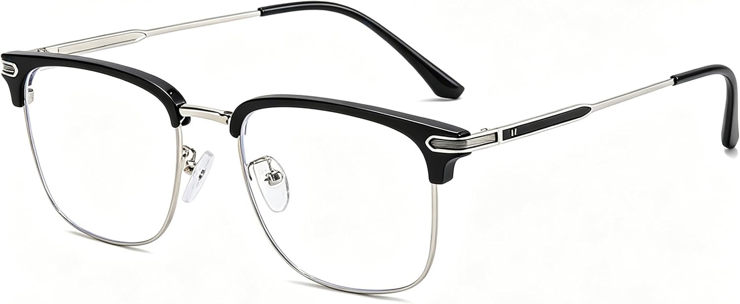 Blue Light Glasses Men Computer Eye Protection Anti Eyestrain | Browline Metal Lightweight Computer Glasses Women with Clear Lens and Anti Glare, Reduce Digital Eye Strain,Black,Rectangular
