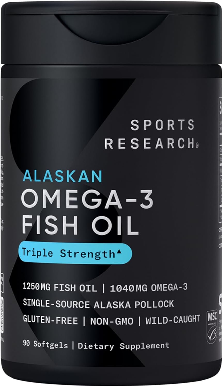 Sports Research® Omega-3 Fish Oil 1250mg from Wild Alaska Pollock, 90 Count | Always Fresh Never Fishy | 690mg EPA 260mg DHA per Softgel · Heart & Brain Health* · MSC Certified Sustainable – 90 Servings