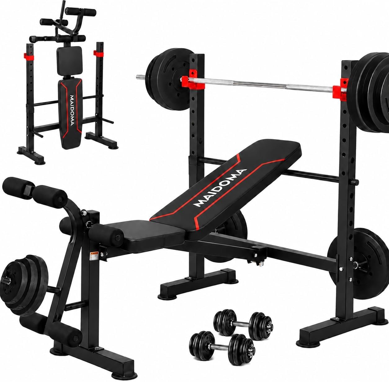 1500LB 8 IN 1 Weight Bench with Lat Pulldown and Leg Extension/Curl, Foldable Bench Press with Preacher Curl & Rack, Workout Benches with Safety Bar Catches for Home Gym(US Stock)
