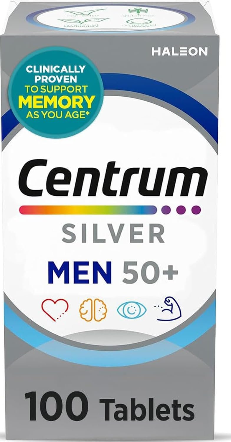 Centrum Silver Men’s Multivitamin for Men 50 and Over, 100 Tablets | Contains Vitamins D3, E, B6, and B12, Gluten Free, Non-GMO Ingredients, GLP-1 Support