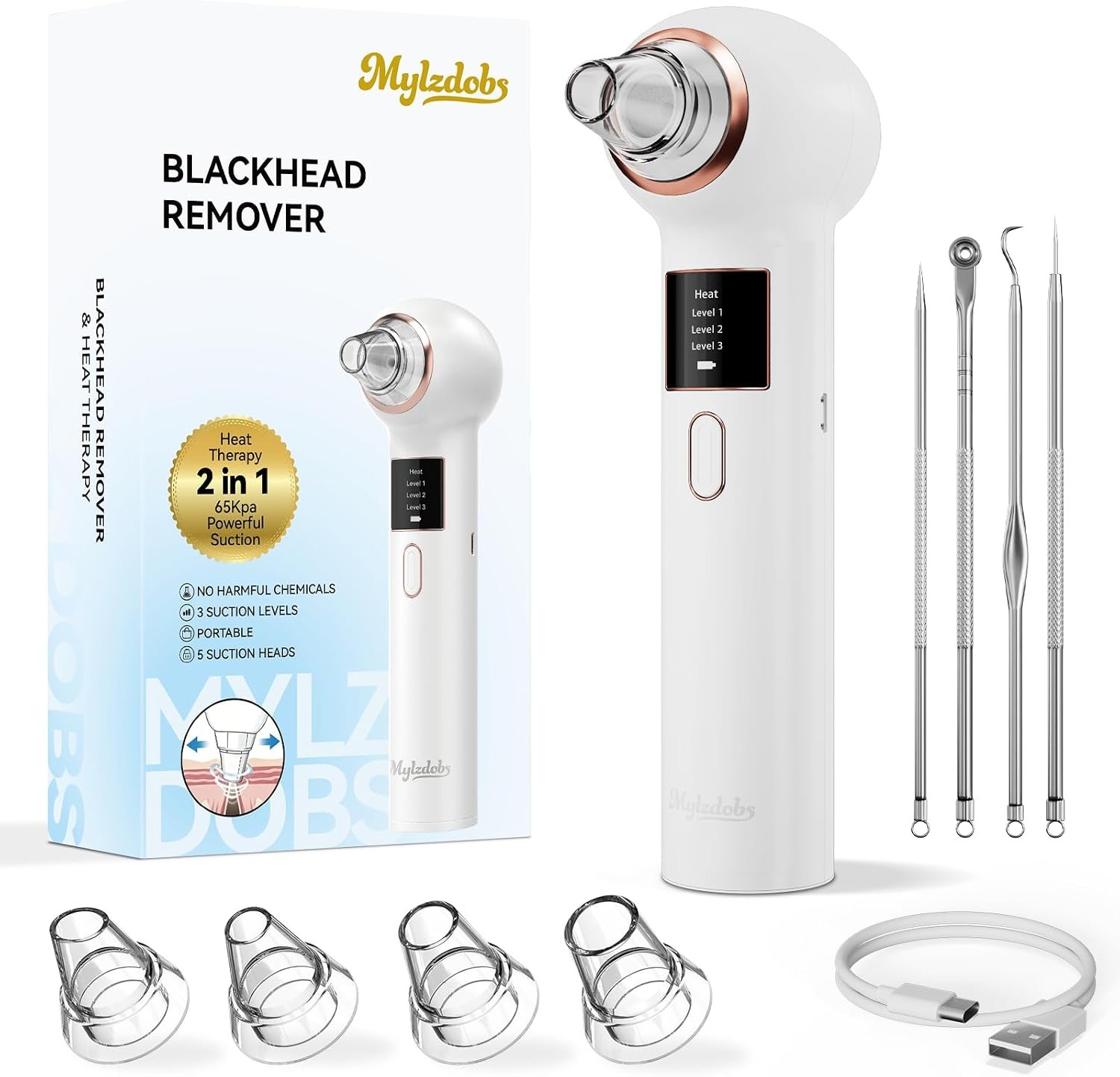 Blackhead Remover 3+1 Suction Modes Facial Pore Vacuum Cleaner (White) | USB Rechargeable Black Head Remover for Face Portable Blackhead Extractor with 5 Suction Heads for Women & Men