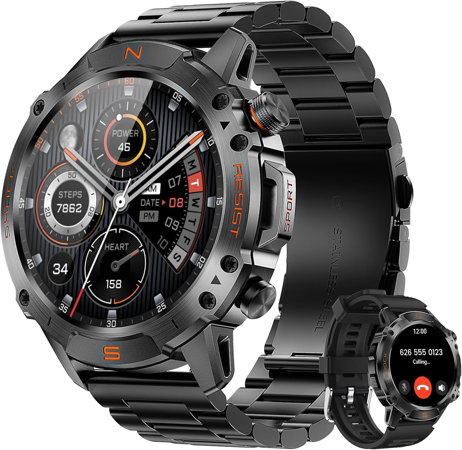 WalkerFit Rugged Smart Watch for Men, 1.43″ AMOLED 5ATM Waterproof, 2 Bands | Bluetooth Calling, Fitness Tracker, 15-Day Battery, 178+ Sports Modes, Heart Rate, Sleep & SpO2 Monitor, For Android & iPhone