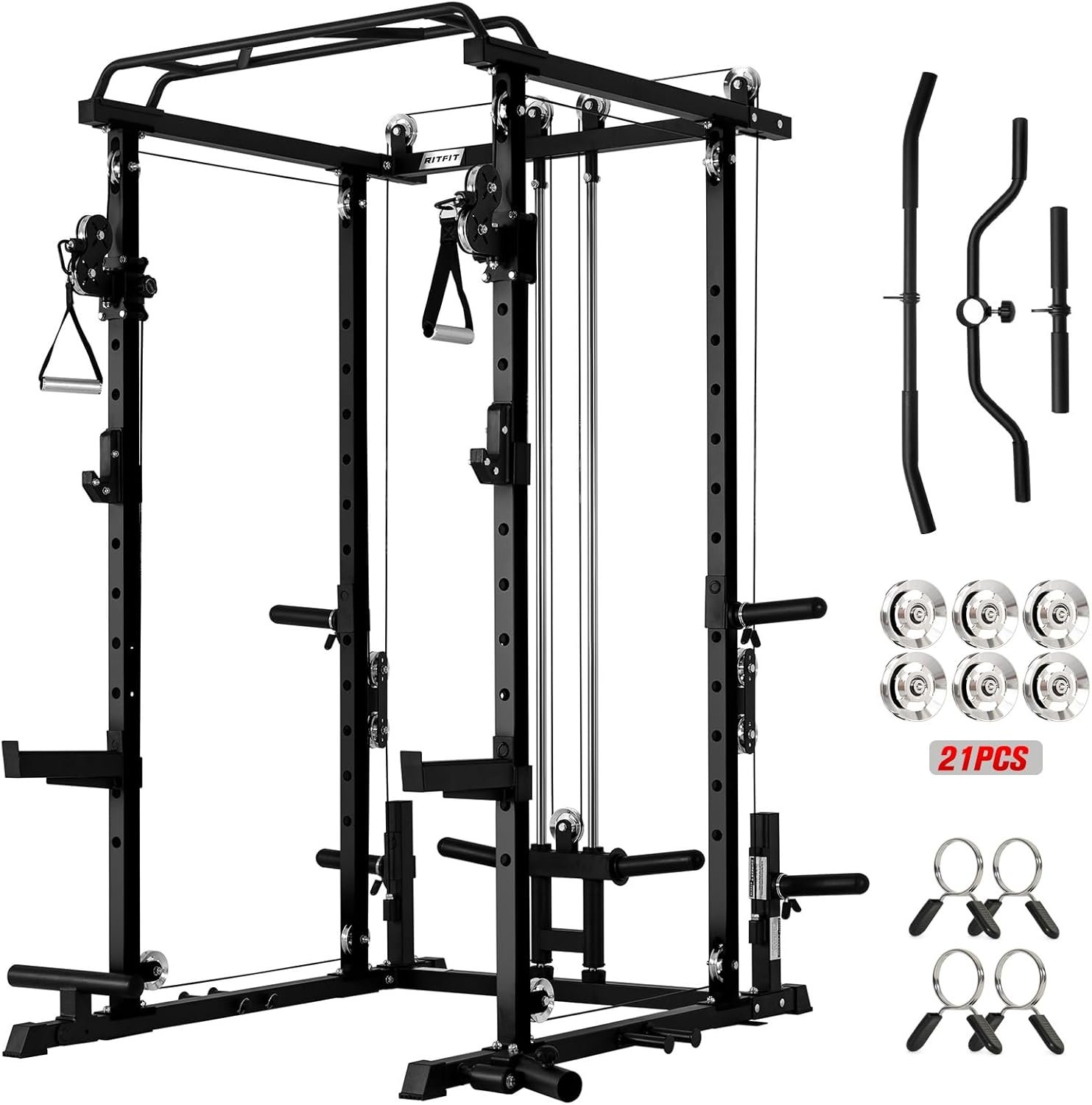 RitFit PPC-P3 Power Cage with Cable Crossover System, 1200LB Capacity | LAT Pulldown & Cable Crossover System with Bumper Plate Set, Olympic Barbell, Bench