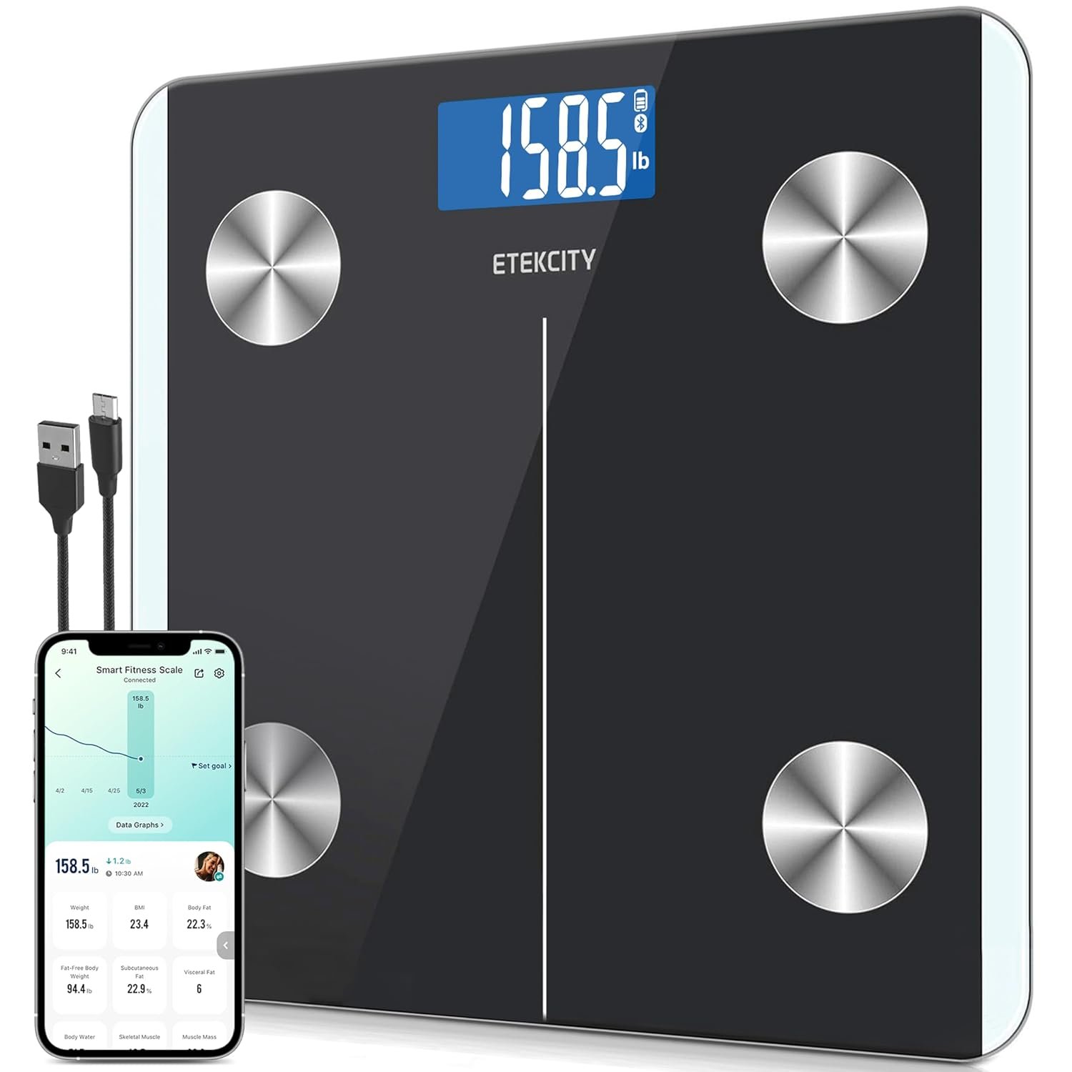 Etekcity Rechargeable Smart Scale for Body Weight, Bluetooth, 400 lb | Digital bathroom scale tracks BMI, body fat and muscle mass, with accurate weighing and smartphone app sync