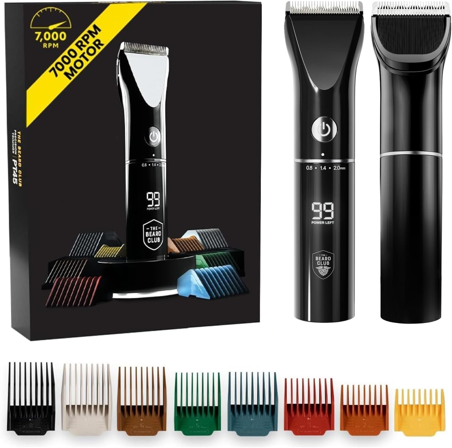 The Beard Club Beard Trimmer for Men – Electric Cordless Rechargeable Beard & Hair Trimmer – High Power 7000 RPM – 8 Color Guides 45 Unique Trim Lengths – Travel Lock