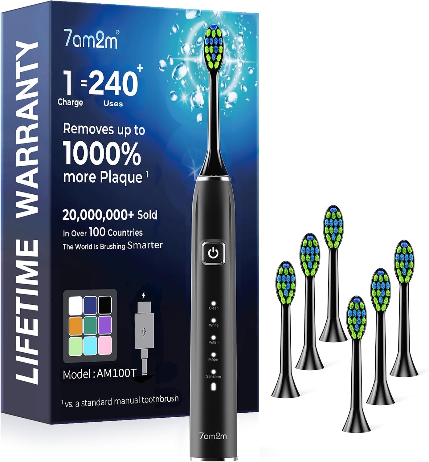 7AM2M Sonic Electric Toothbrush for Adults,Type-C Charging Run for 120 Days | 6 Brush Heads & 5 Modes, 40000VPM Powered Rechargeable Toothbrush, Smart Timer, IPX7 Waterproof, Travel&Home Use, Black