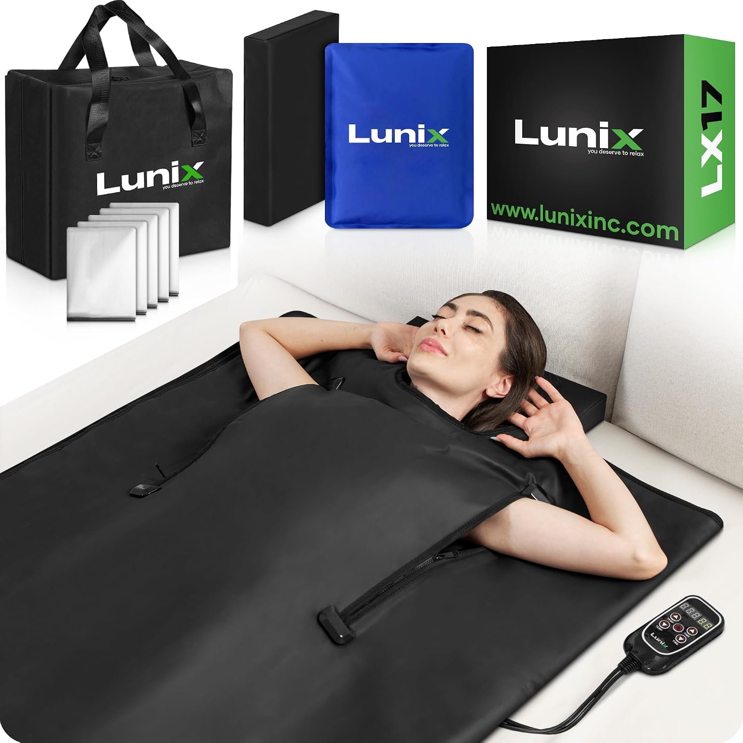 Lunix LX17 Portable Far Infrared Sauna Blanket for Home | Adjustable 77–176°F Far-Infrared Heat with Dual Zippers, Arm Openings & Complete Accessory Set