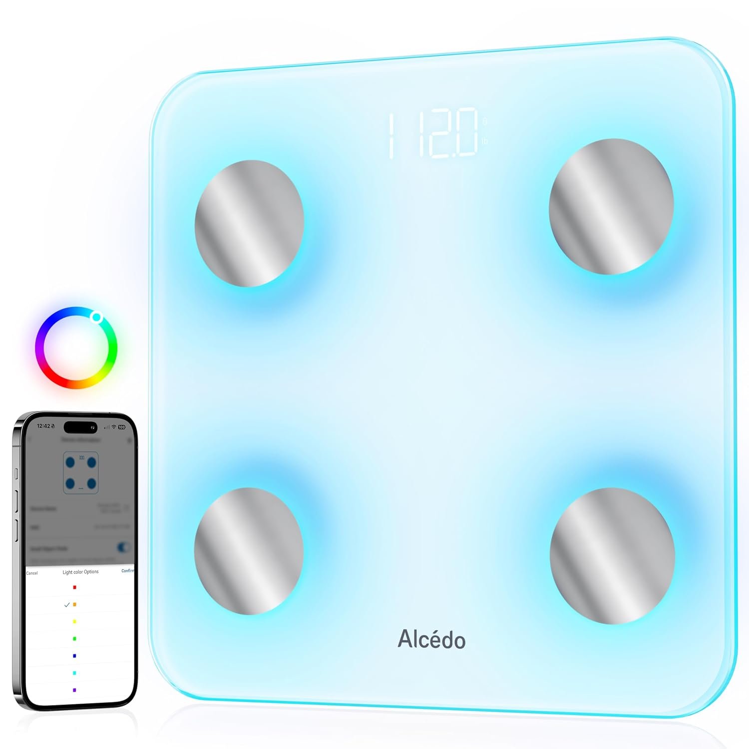 Alcedo Smart Body Fat Scale, Color-Changing Scale, Bluetooth, White | Digital Scale with BMI, Fat Percentage, Muscle Mass, Color-Changing with Weight Variation, Sync with App, 400lb Capacity