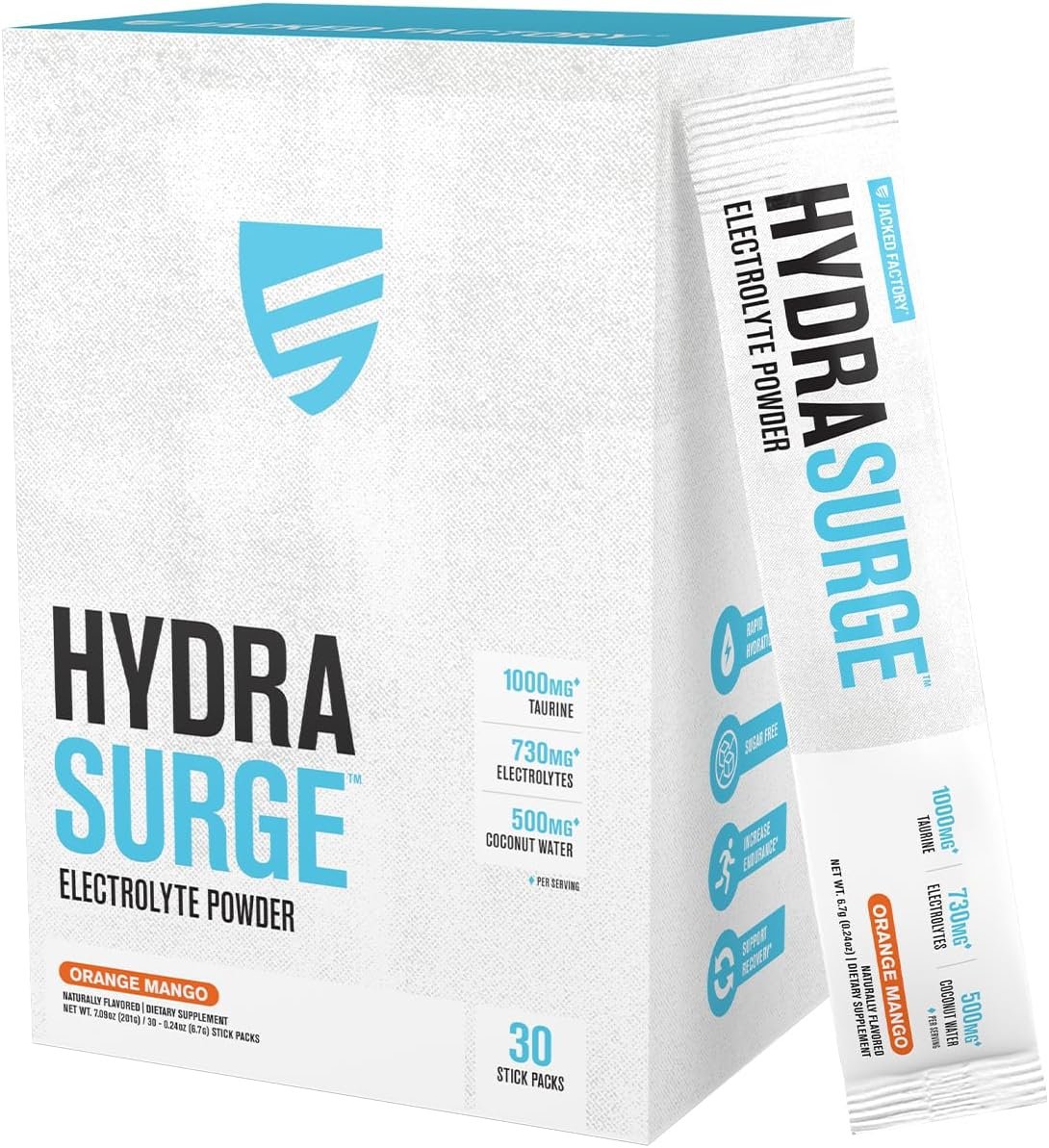 Jacked Factory Hydrasurge Electrolytes Powder Packets – Sugar Free & Naturally Sweetened Hydration Packets – Keto & Vegan Friendly, Easily Dissolves – 30 Stick Packs, Orange Mango