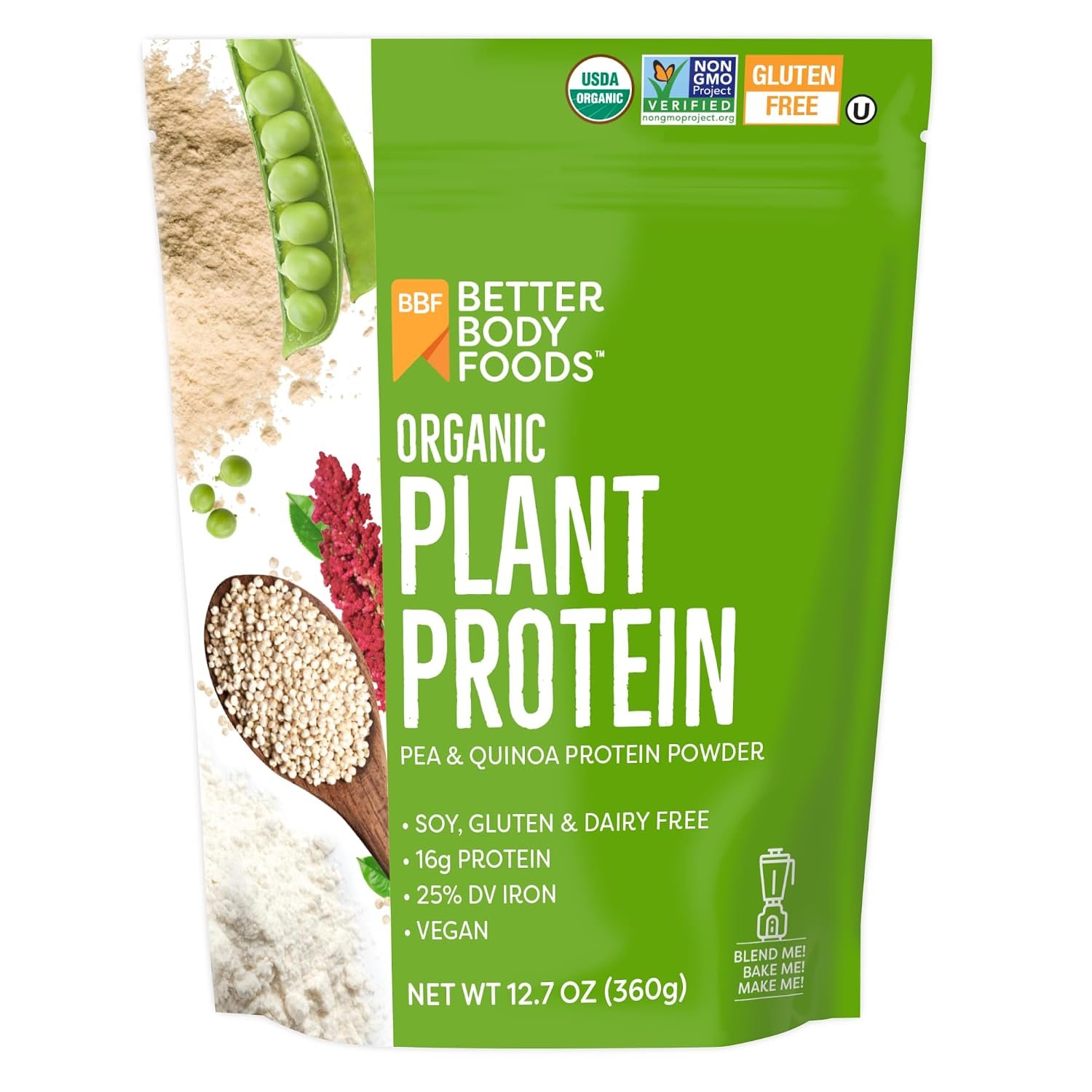 BetterBody Foods Organic Plant Protein Powder 12.7 Oz, Unflavored, Isolate