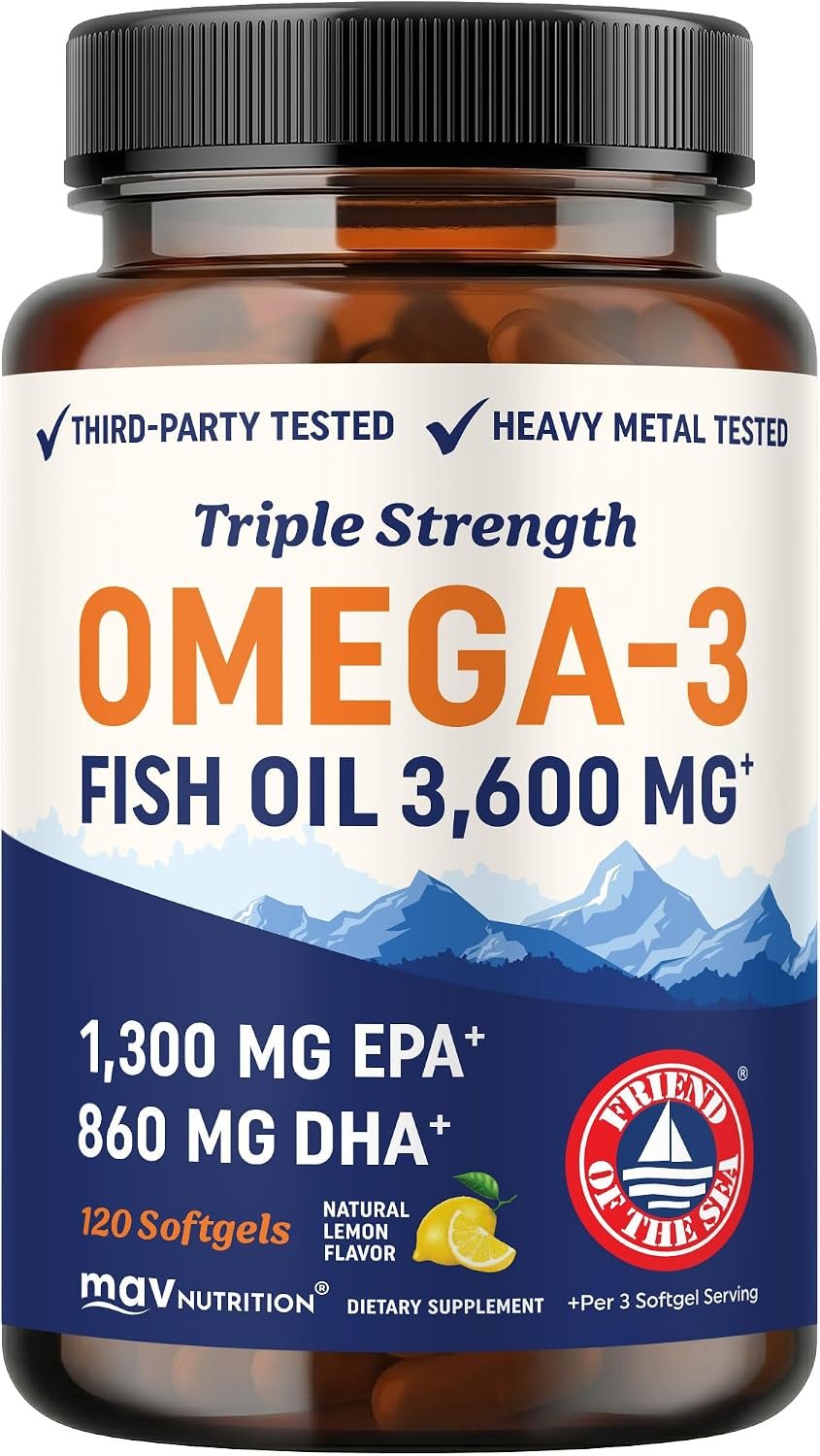 Triple Strength Omega 3 Fish Oil 3600 mg, EPA & DHA, Over 2100mg Omega-3 | 1300mg EPA + 860mg DHA, Doctor-Formulated, Best Essential Fatty Acids, Premium Wild Caught & Burpless Fish Oil, 120 Softgels