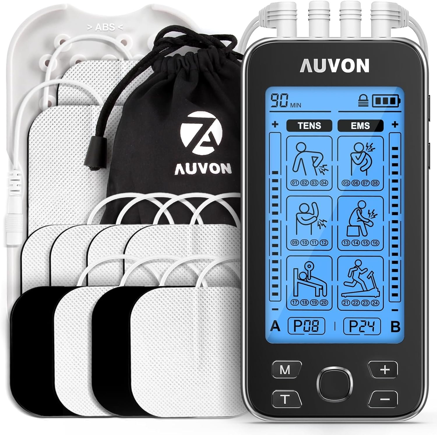 AUVON 4 Outputs TENS Unit Muscle Stimulator for Pain Relief, Large LCD | 24 Modes TENS Machine, Drug-Free Pain Relief Therapy for Shoulders, Lower Back & Muscles, 10 Pcs 2″ and 2″x4″ TENS Pads