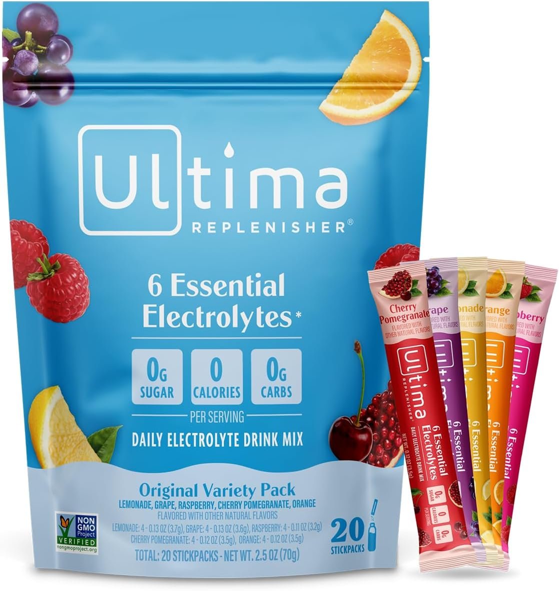 Ultima Replenisher Original Variety Electrolyte Packets, 20 Stickpacks | Daily Zero Sugar Powder Hydration Packets with 6 Key Electrolytes & Minerals – Sugar Free, Plant Based & Keto Friendly