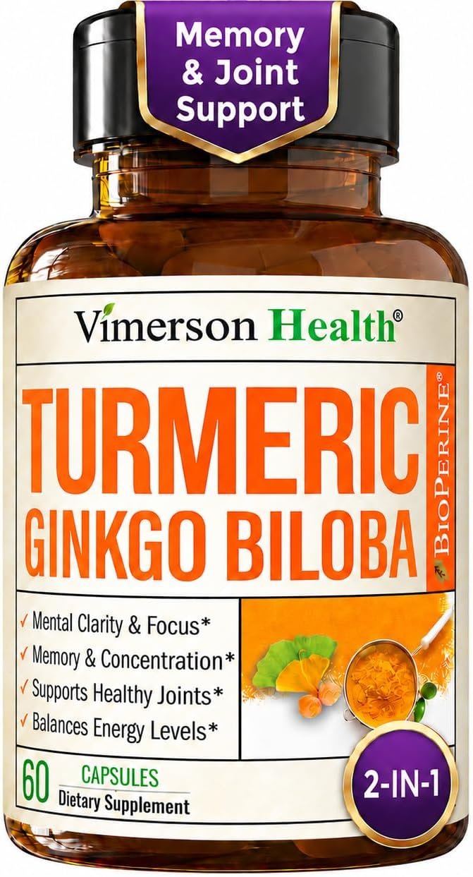 Ginko Biloba Capsules with Ginkgo Biloba 120mg & Organic Turmeric for Joint Support, Focus and Brain Health – Gingo Biloba Supplement with Black Pepper (Bioperine) for Max Absorption – 60 Count