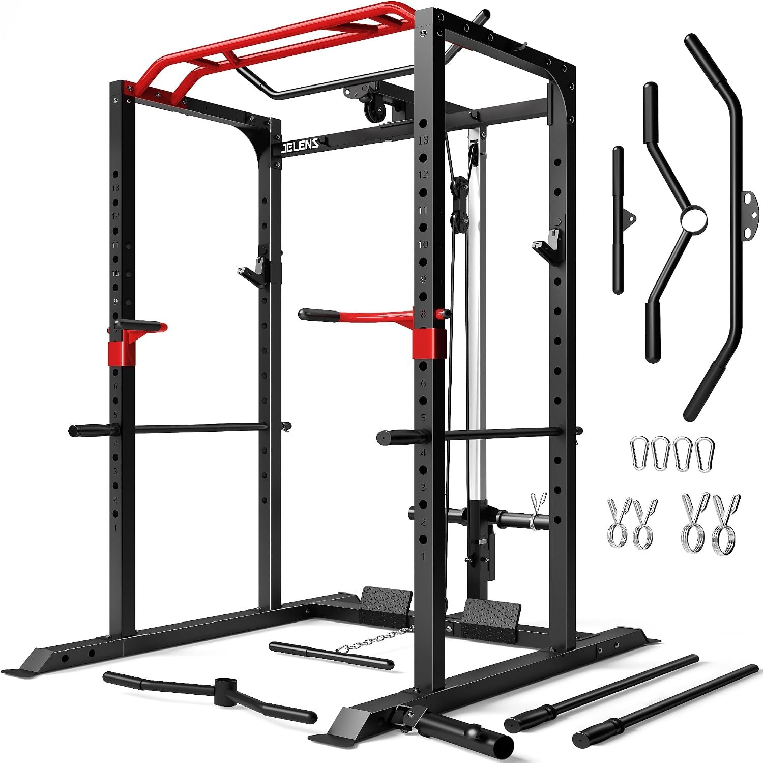 S11 Power Cage, 2000LB Multi-Function Power Rack with LAT Pulldown, Squat Rack with Adjustable Pulley System and Training Attachments, Weight Rack for Home Gym