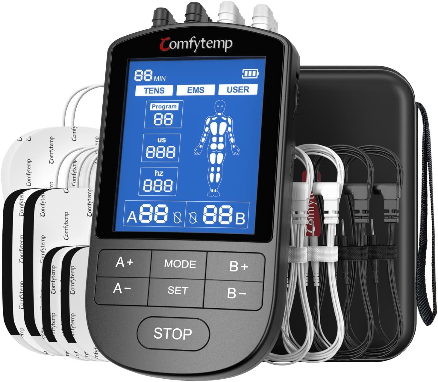 Comfytemp 4 Outputs FSA TENS Unit Muscle Stimulator to Cover Multiple Parts | TENS & EMS & Customizable User Mode, HSA TENS Machine for Back/Sciatica/Shoulder Pain Relief & Massage, 10 pads & Storage Box