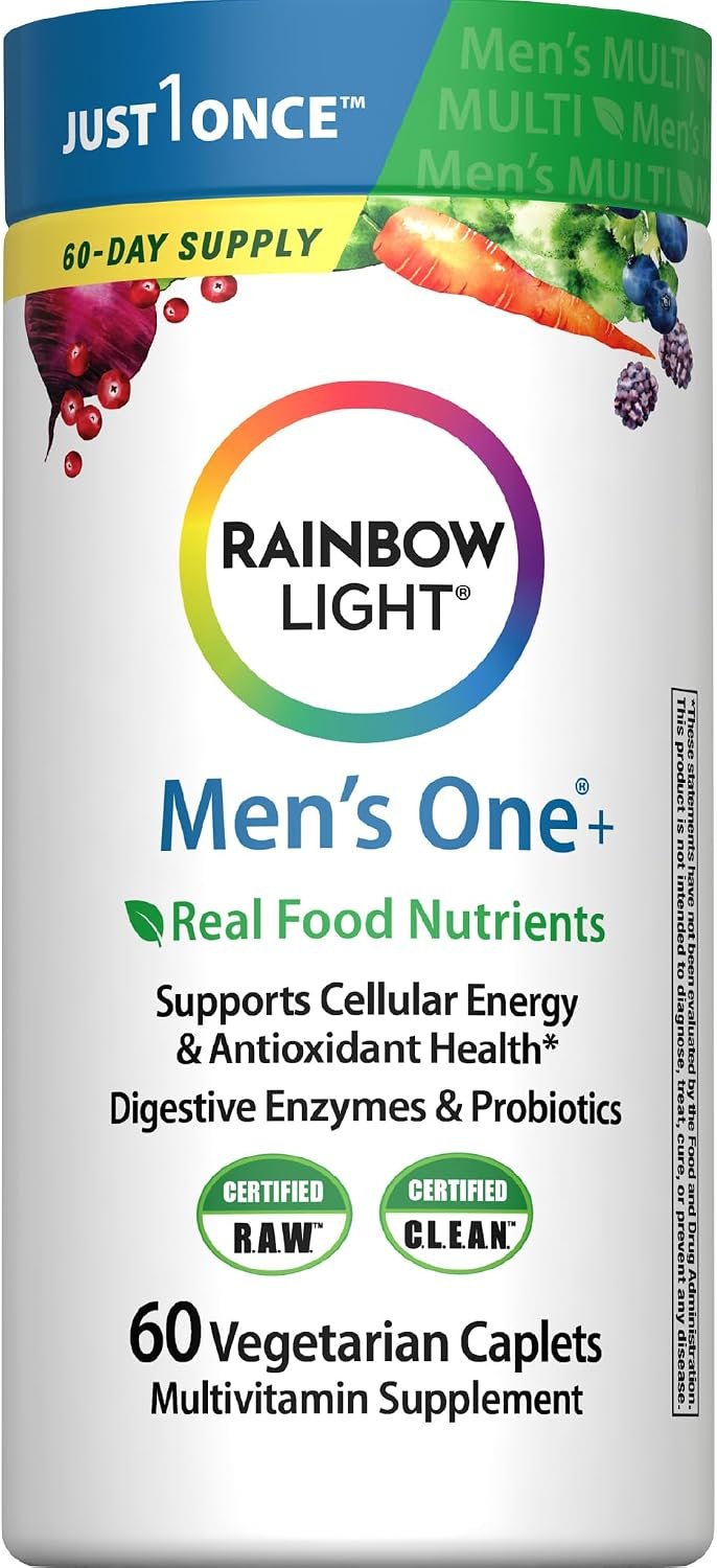 Rainbow Light Mens Multivitamin One + | 60 Caplets | Supports Cellular Energy & Antioxidant Health | with Real Food Nutrients, Digestive Enzymes & Probiotics