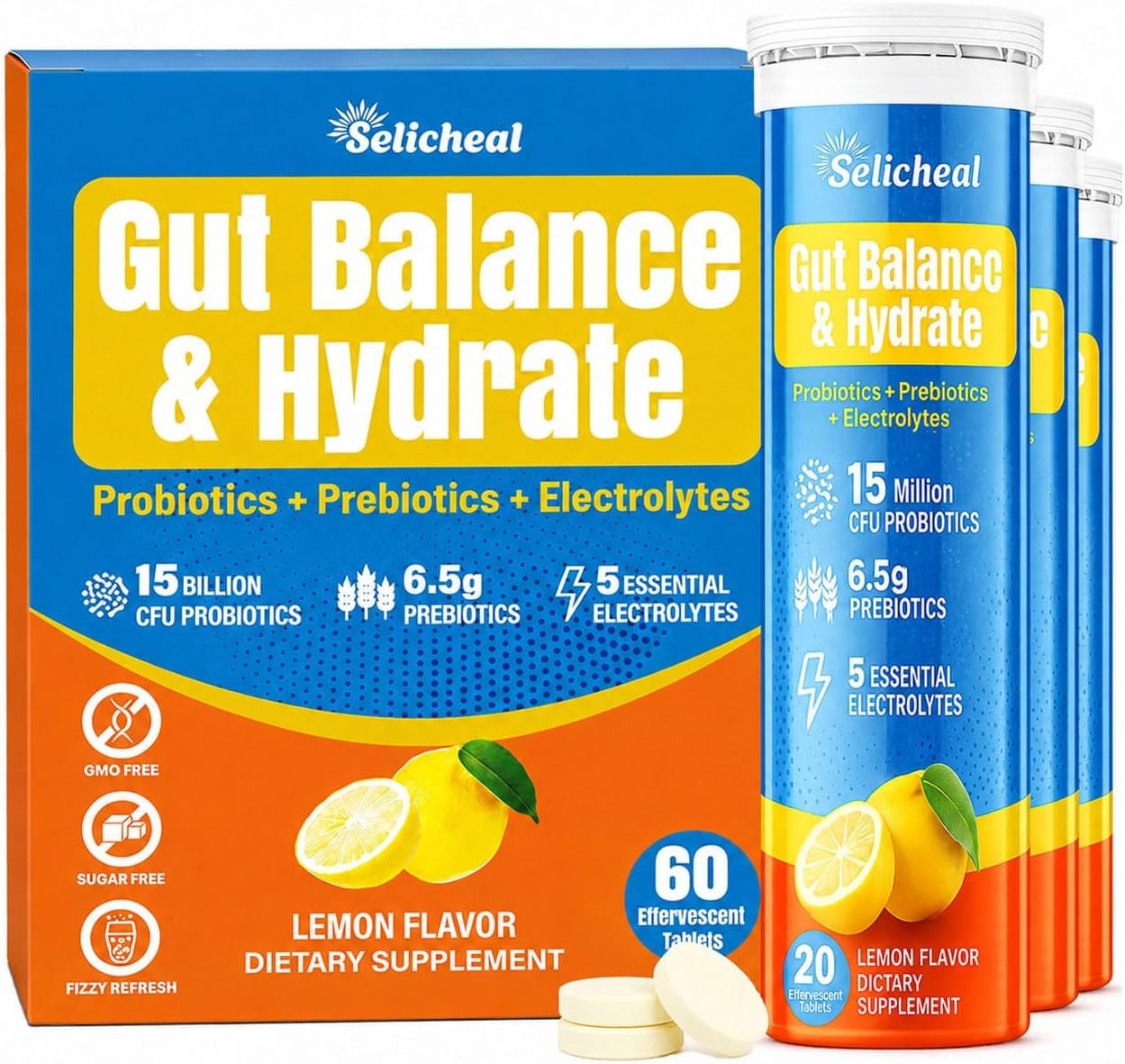 Electrolyte Tablets, Hydration & Fiber Supplement for Women & Men, 60 ct | with Prebiotics & Probiotics for Gut Health, Lemon Flavor Hydration Drink, Electrolytes Sugar Free, Keto Friendly, 60 Tablets