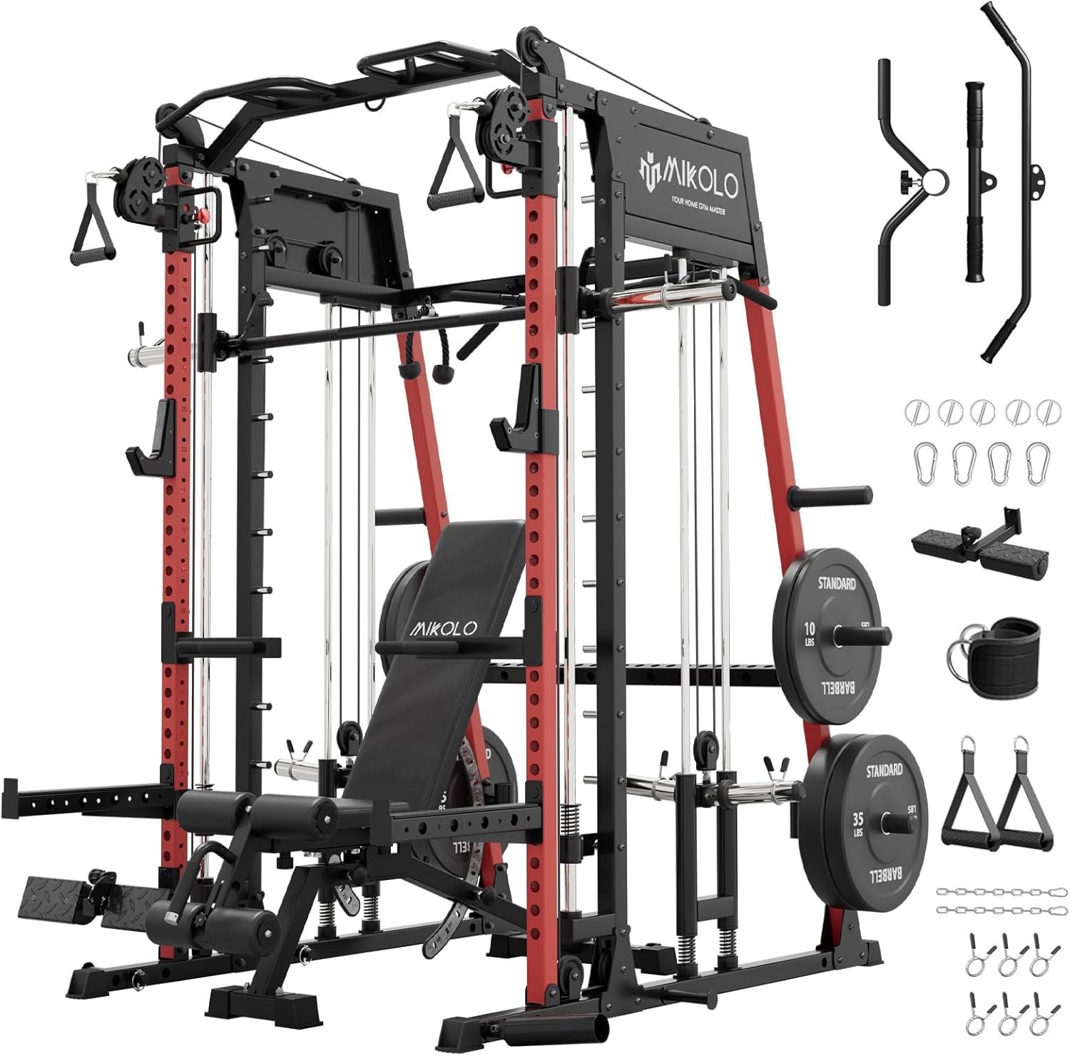 Mikolo M4 2.0 Smith Machine, 2200lbs Squat Rack with LAT-Pull Down System & Cable Crossover Machine, Training Equipment with Leg Hold-Down Attachment