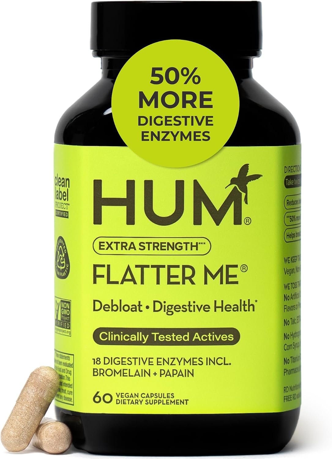 HUM Flatter Me Extra Strength Digestive Enzymes, Bloating Support, 60 Count