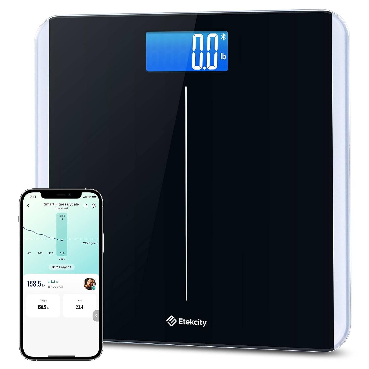 Etekcity Smart Digital Bathroom Scale for Body Weight and BMI, Black | 400 lbs Capacity, Bluetooth VeSync APP Connection, Accurate to 0.1lb/0.05kg, Rounded Corner Design