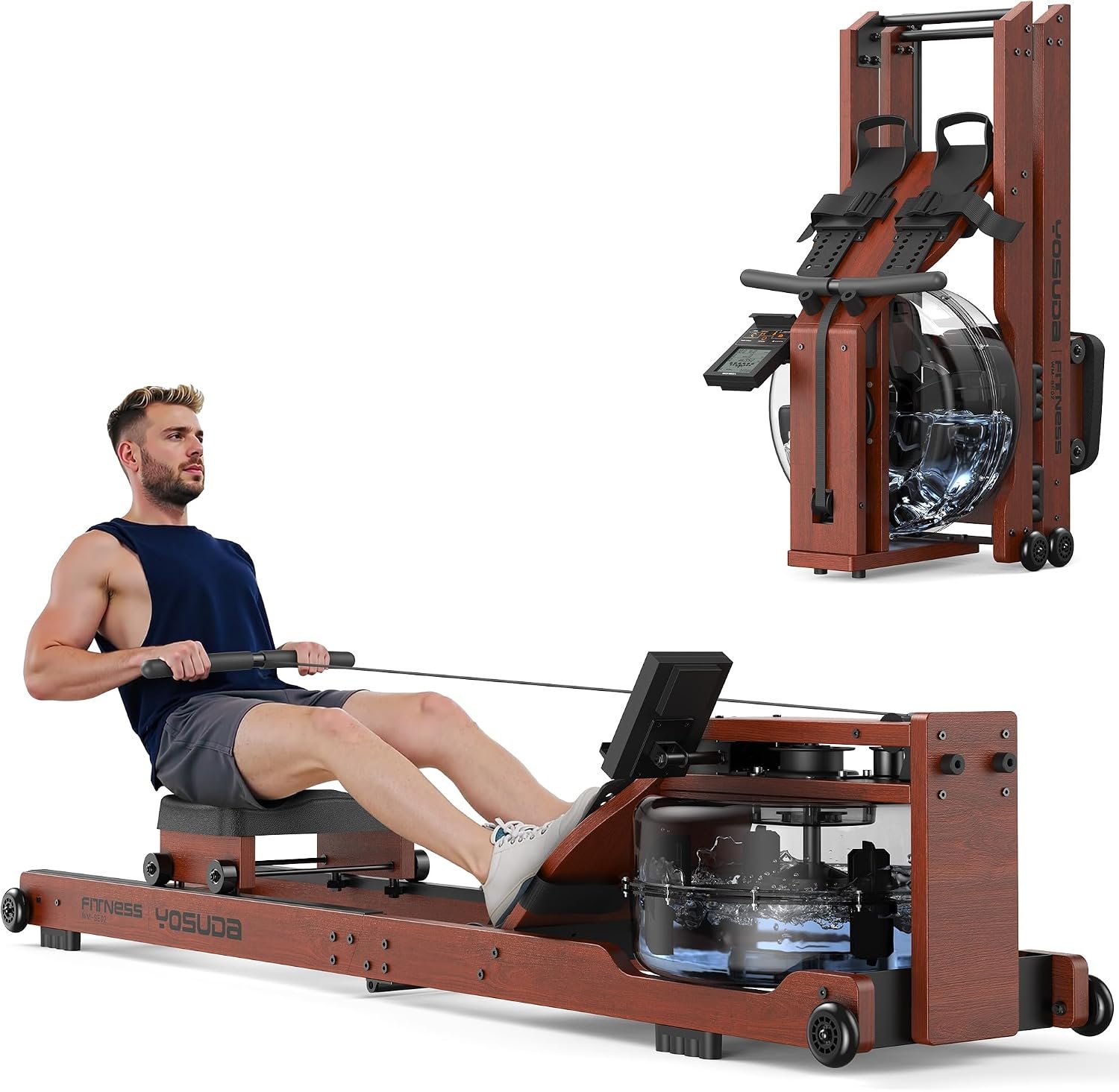 YOSUDA Water Rowing Machine Foldable for Home Use 5.8 Gal Large Water Tank | Immersive Wooden Water Rower Machine, Dedicated Monitor & Bluetooth APP, 4-Blade Paddle, 400LBS Weight Capacity