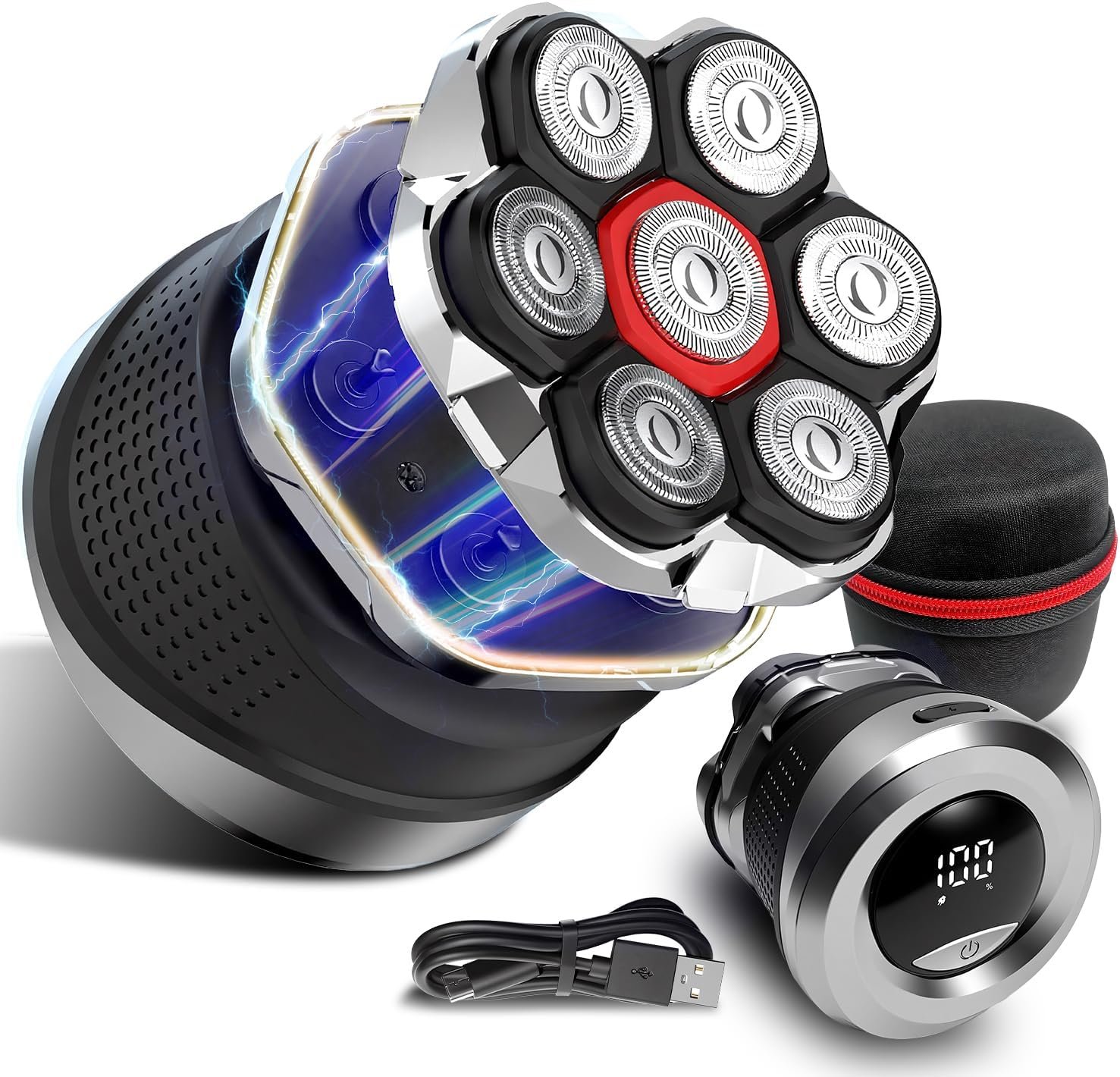 Men’s Electric Rotary Shavers Bald，2026 Upgrade 7D Floating Electric Shaver with LED Display,IPX6 Waterproof,Type-C Fast Charge, Magnetic Heads, Travel Case – Ideal Men’s Grooming Gift
