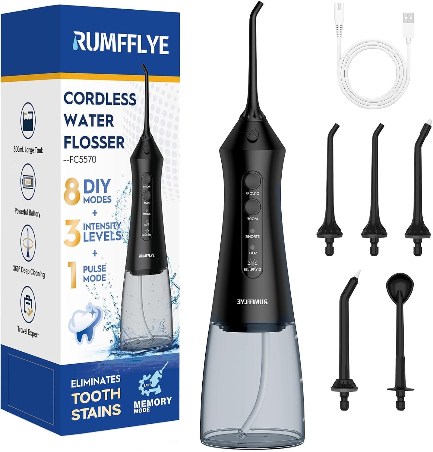 Water Dental Flosser Portable Cordless Oral Irrigator, Black | 4 Modes, 12 Pressure Settings, 5 Jet Tips, 300 mL Detachable Water Tank, Sensitive Gums Friendly, Home & Travel