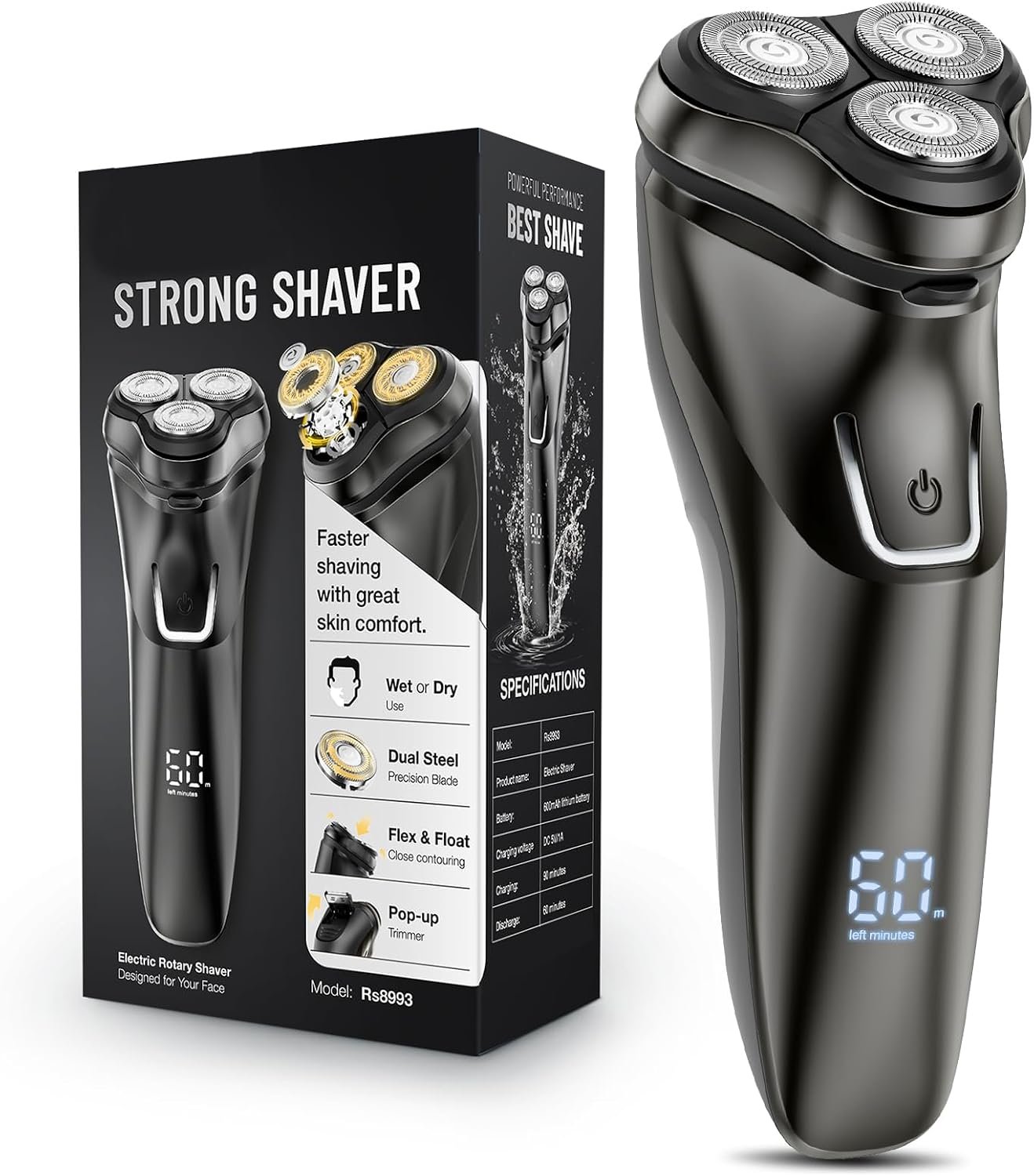 Electric Razor for Men Waterproof: 5D Floating Rotary Shaver for Travel Wet or Dry – 𝐒𝐞𝐧𝐬𝐢𝐭𝐢𝐯𝐞 𝐒𝐤𝐢𝐧 𝐂𝐚𝐫𝐞, USB Fast Charging, Stainless Steel Blades, Pop-up Trimmer Chic Black