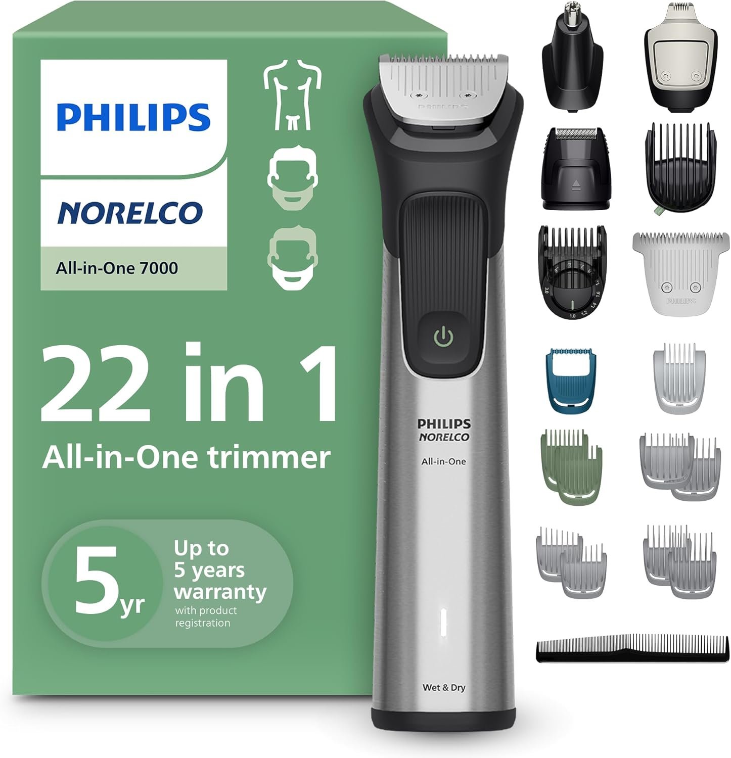 Norelco Philips All-in-One 7000 22-in-1 Trimmer, Face, Hair & Body, Steel | Beard Styler, Nose, Detail & Body Trimmer, Hair Clipper, Steel Blades, 28 lengths, 5-Hr Runtime, Showerproof, MG7975/49