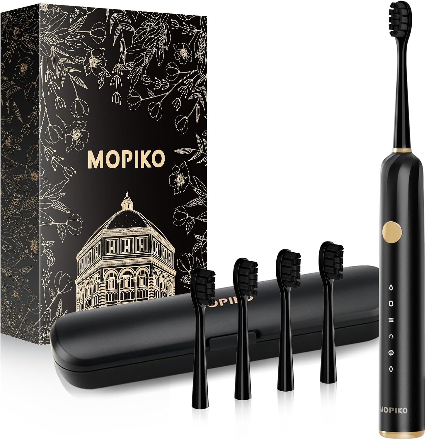 Sonic Electric Toothbrush for Adults | MOPIKO 6 Modes Rechargeable Toothbrush with 4 Replace Brush Heads, Sonic Toothbrush with Travel Case, Black