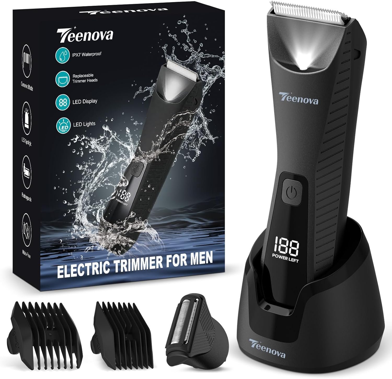 Pubic & Body Hair Trimmer for Men, 2 In 1 Electric Ball Groin Razor Shaver with Ceramic Blade, No Nick Mens Grooming Kit for Wet/Dry Use, Cordless Charging Body Groomer with Led Display, Black