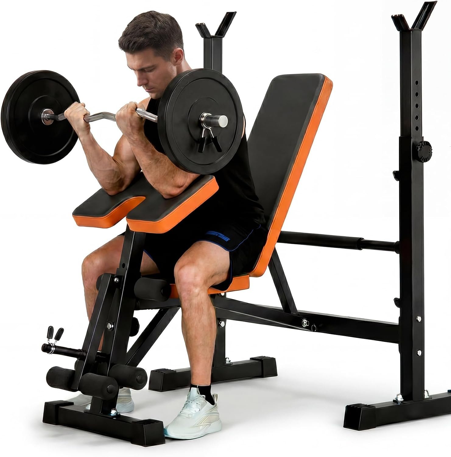 YOLEO Beginner Weight Bench Set, Adjustable Foldable Bench Press with Rack | 6 In 1 Beginner-friendly Setup, FID Adjust, Fits 5-6 ft Olympic Bars