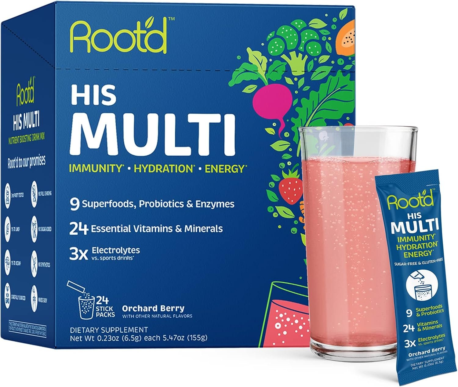 Root’d Multivitamin Powder with 3X Electrolytes for Men – 24 Vitamins & Minerals, 3X Electrolytes, 9 Organic Superfoods, Probiotics & Enzymes, Sugar-Free Multivitamin & Hydration | 24 Packets | 3X Electrolytes, 9 Organic Superfoods, Probiotics & Enzymes, Sugar-Free Multivitamin & Hydration | Orchard Berry