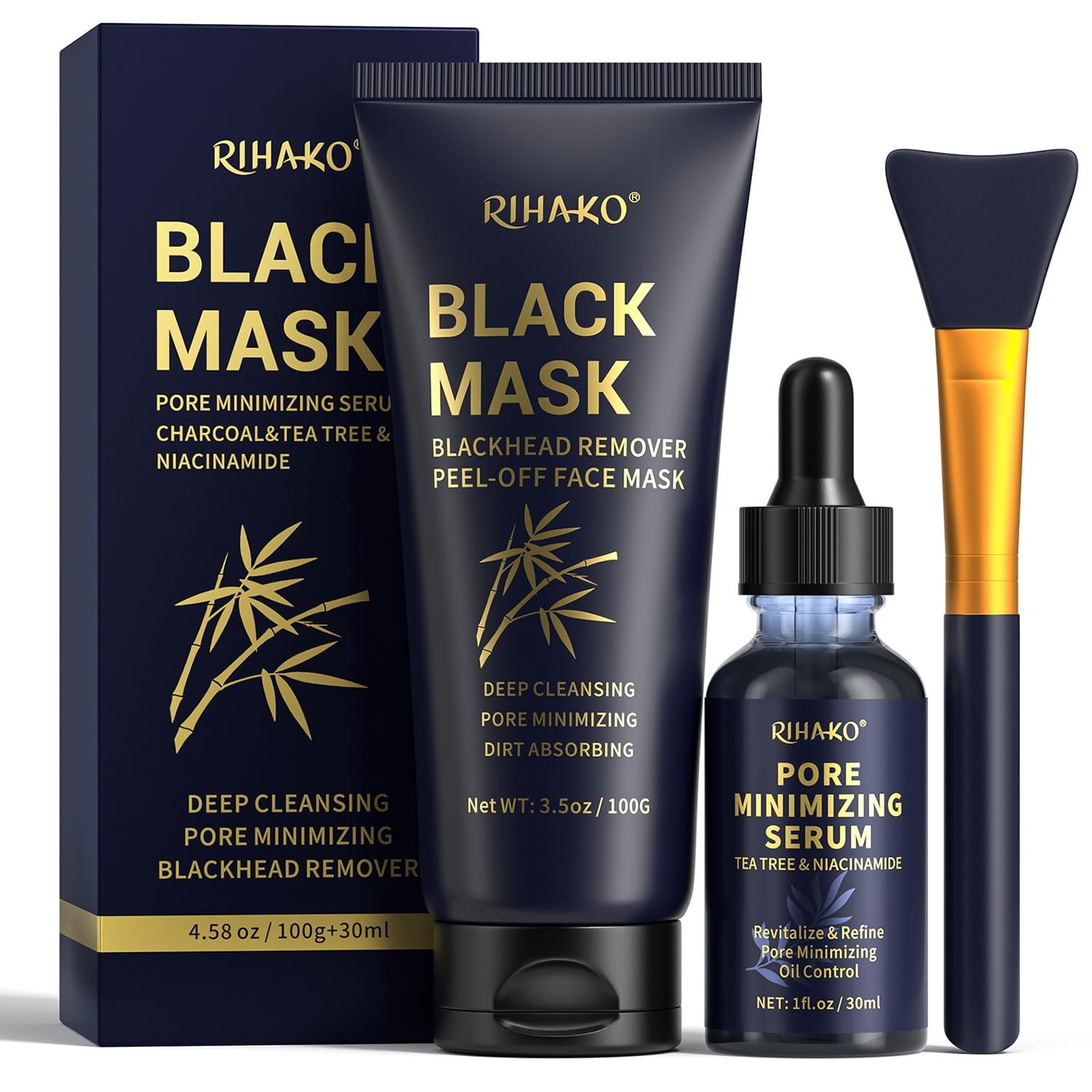 RIHAKO Blackhead Remover Mask Kit, Black Peel Off Face Mask with Tea Tree & Niacinamide Serum, Charcoal Face Mask for Deep Cleansing Pores, Dirt and Excess Oil(100g+30ml)