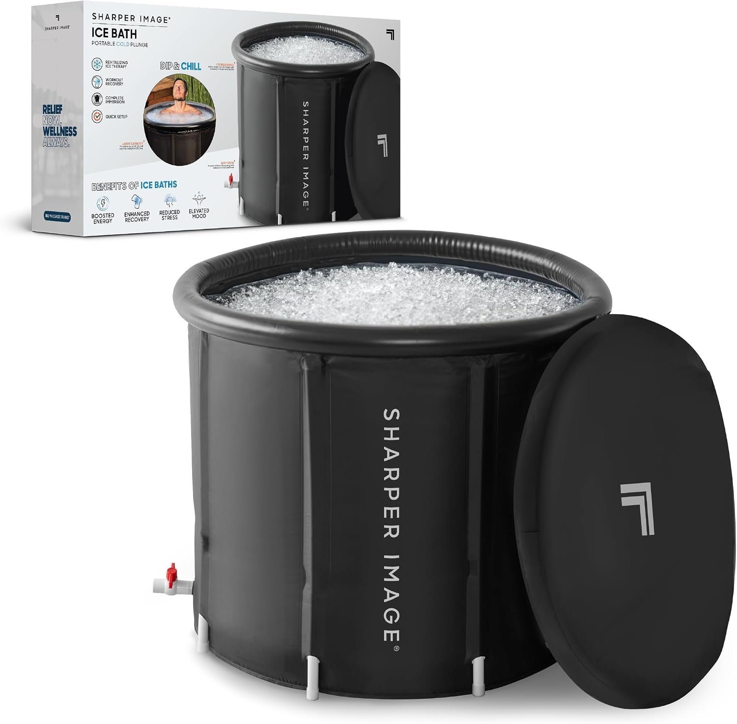 Sharper Image Insulated Ice Bath Cold Plunge Tub with Lid, 31.5″ x 29.5″, Portable Inflatable Bathtub, Helps Boost Energy & Muscle Recovery, Cold Therapy for Athletes & Adults up to 6’5″ & 250 Lbs