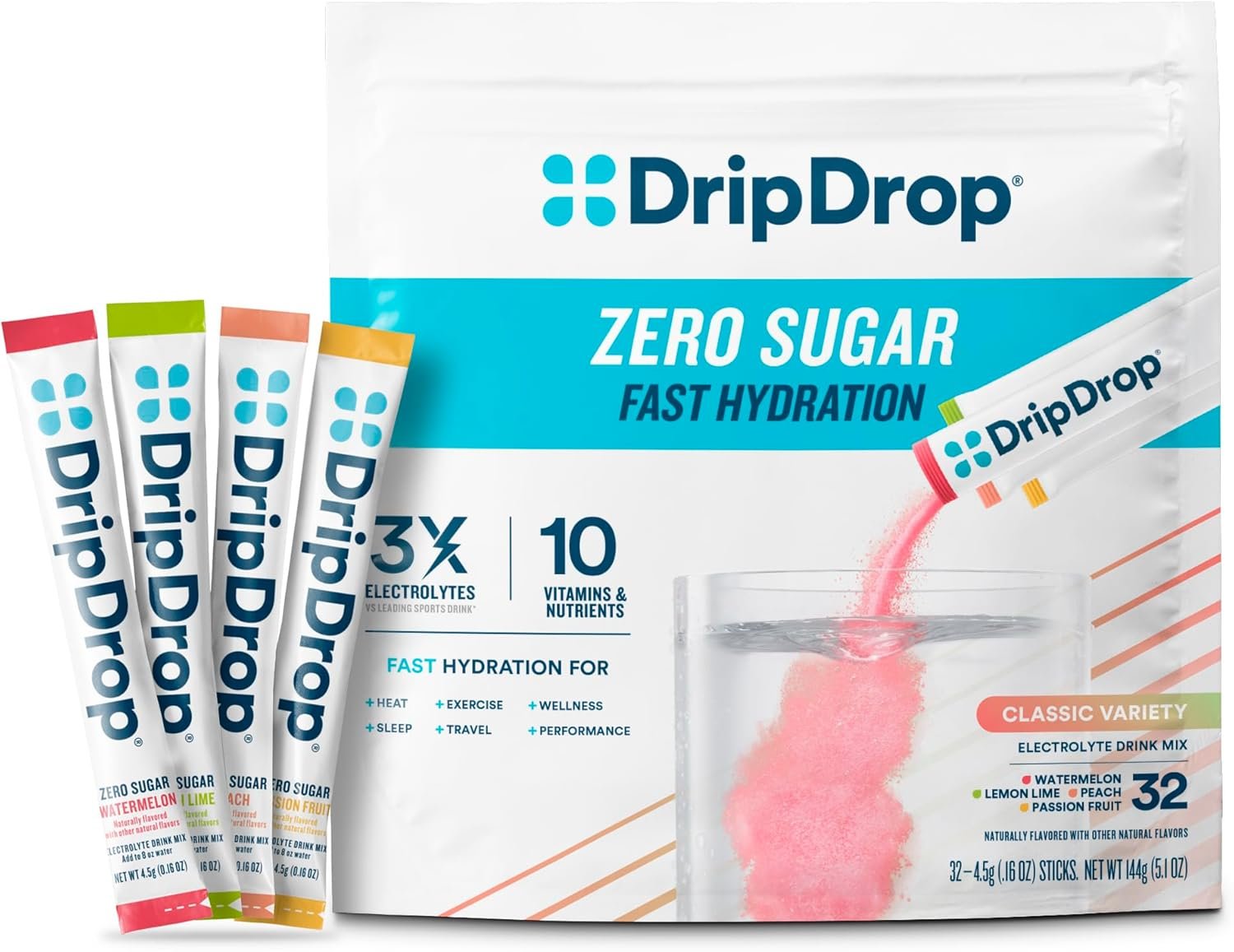 DripDrop Hydration Sugar Free Electrolyte Packets, Variety Pack, 32 Count | Lemon Lime, Watermelon, Peach, Passion Fruit; Zero Sugar Single Serve Powder Drink Mix; 3X Electrolytes, Vitamin C, Magnesium