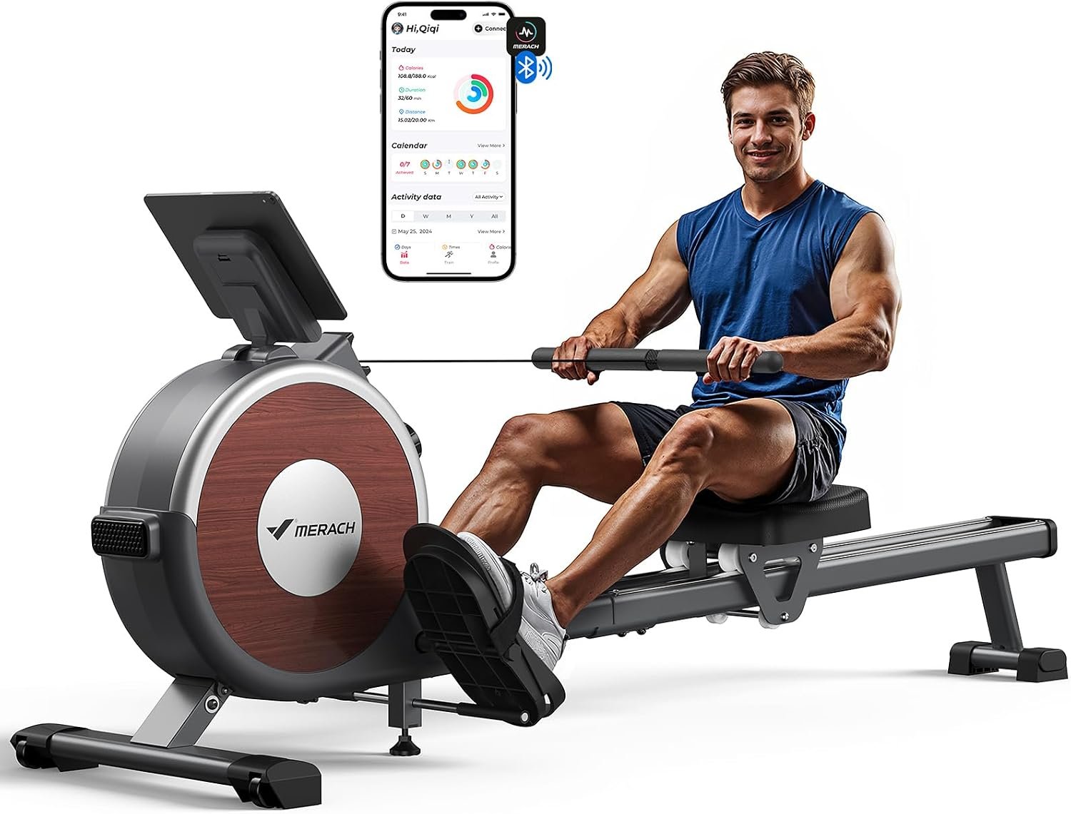 Merach Q1S Magnetic Rowing Machine Indoor, Dual Slide Rail, Quiet & Smooth | 16 Levels Auto Electromagnetic Resistance, Max 350 lbs Capacity, 30-Min Assembly, Ergonomic Seat, Multi-App Support